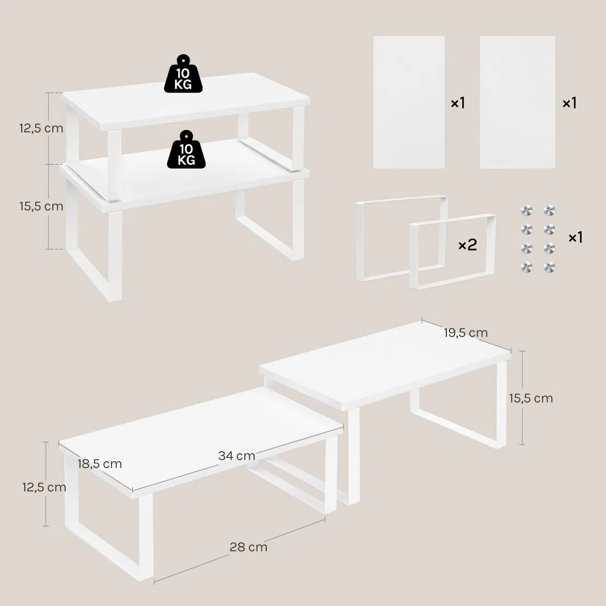 WOLTU Pack de 2 Estantes para Especias, Organizadores de Cocina Apilables, Estantes de Armario para Encimera, Baño y Tocador, 34×19,5×15,5 + 34×18,5×12,5 cm, MDF, Blanco
