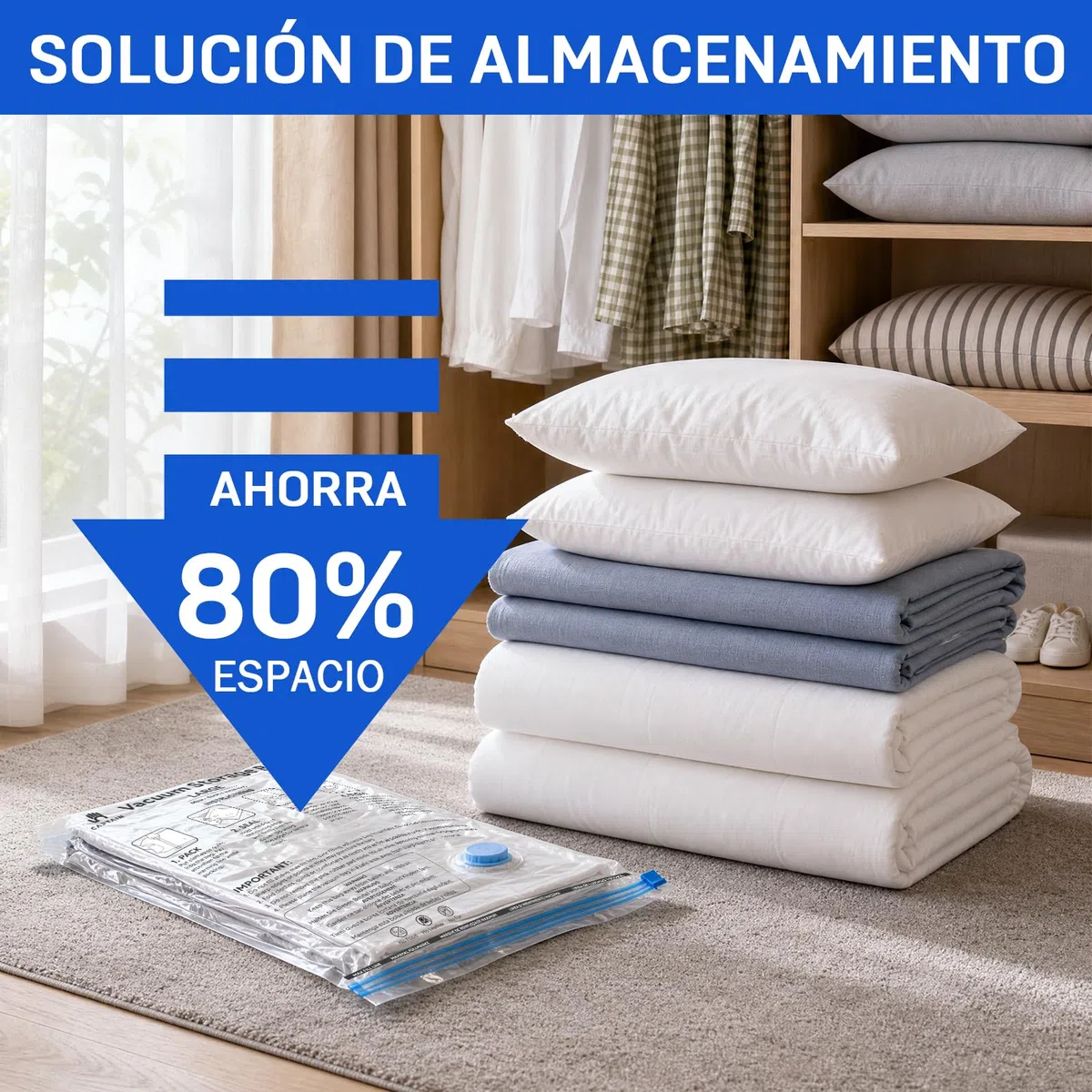 CaptainFive Bolsas Vacio Ropa 12 Piezas con Bomba Manual, 4 Jumbo 100x80cm + 4 Grandes 80x61cm + 4 Pequeñas 60x41 cm, Bolsas de Almacenaje al Vacio para Ropa, Edredones, Mantas y Viaje