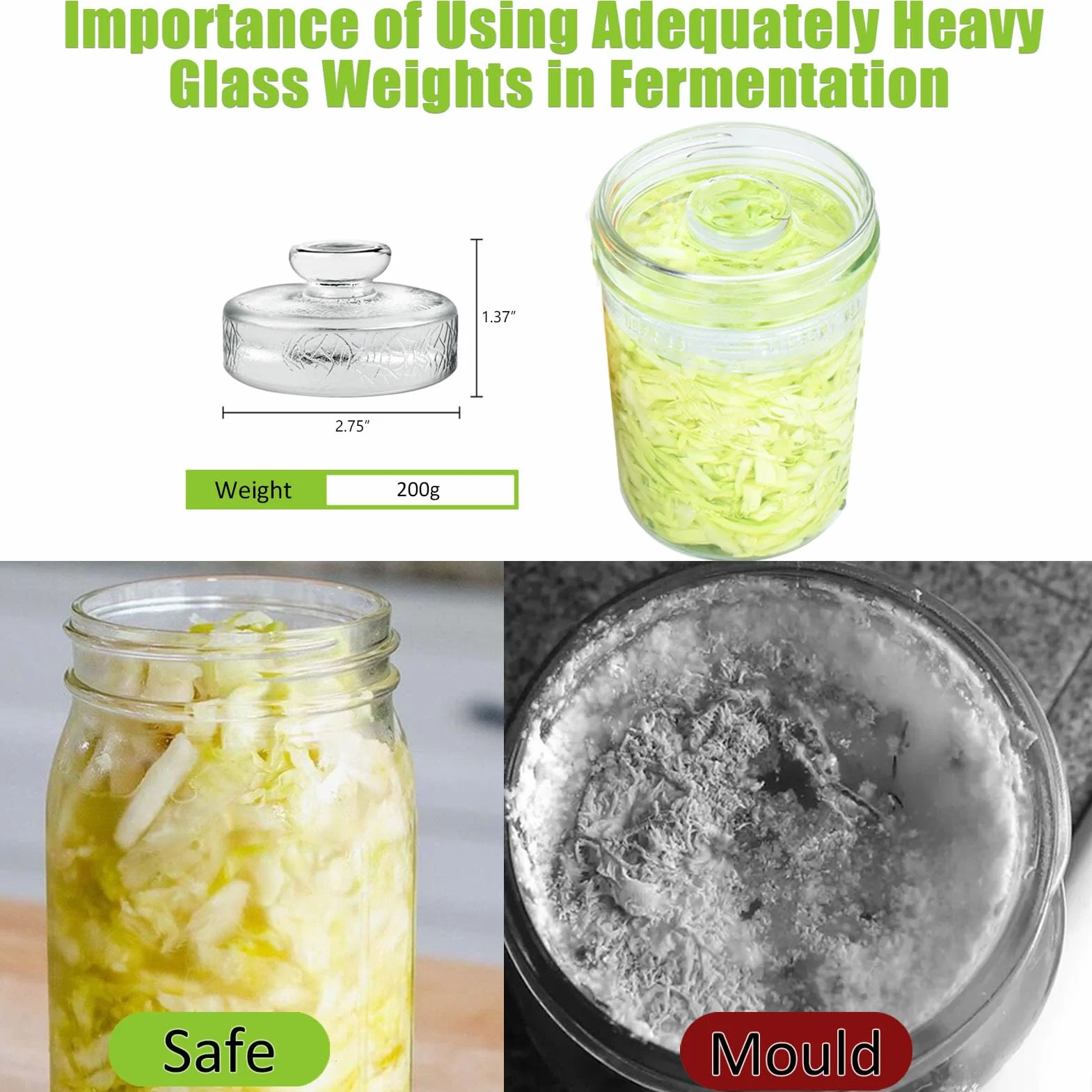 Artcome Paquete de 5 pesas de fermentación de vidrio con mango de fácil agarre y diseño de textura único para tarros grandes de boca ancha