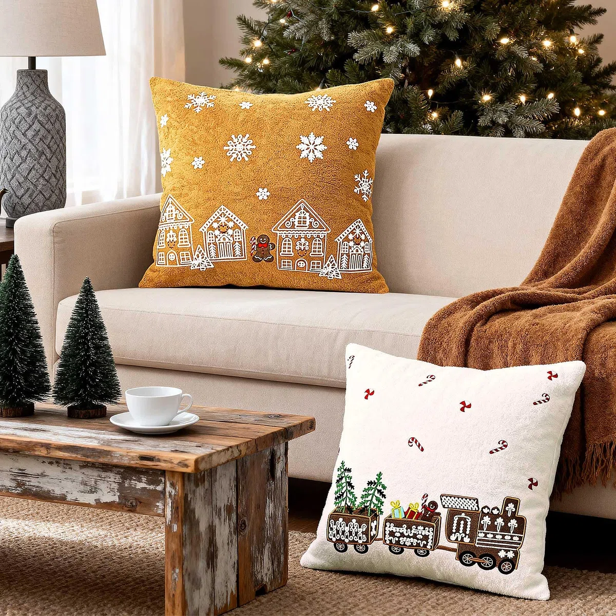 Lanpn Juego de 2 Fundas Cojin Navidad 45x45 cm, Funda Cojines Decorativos Navideños de Hombre de Jengibre Fundas de Almohada Navideñas Decoración Hogar Navidena para Sofá Cama (Beige & Marrón)