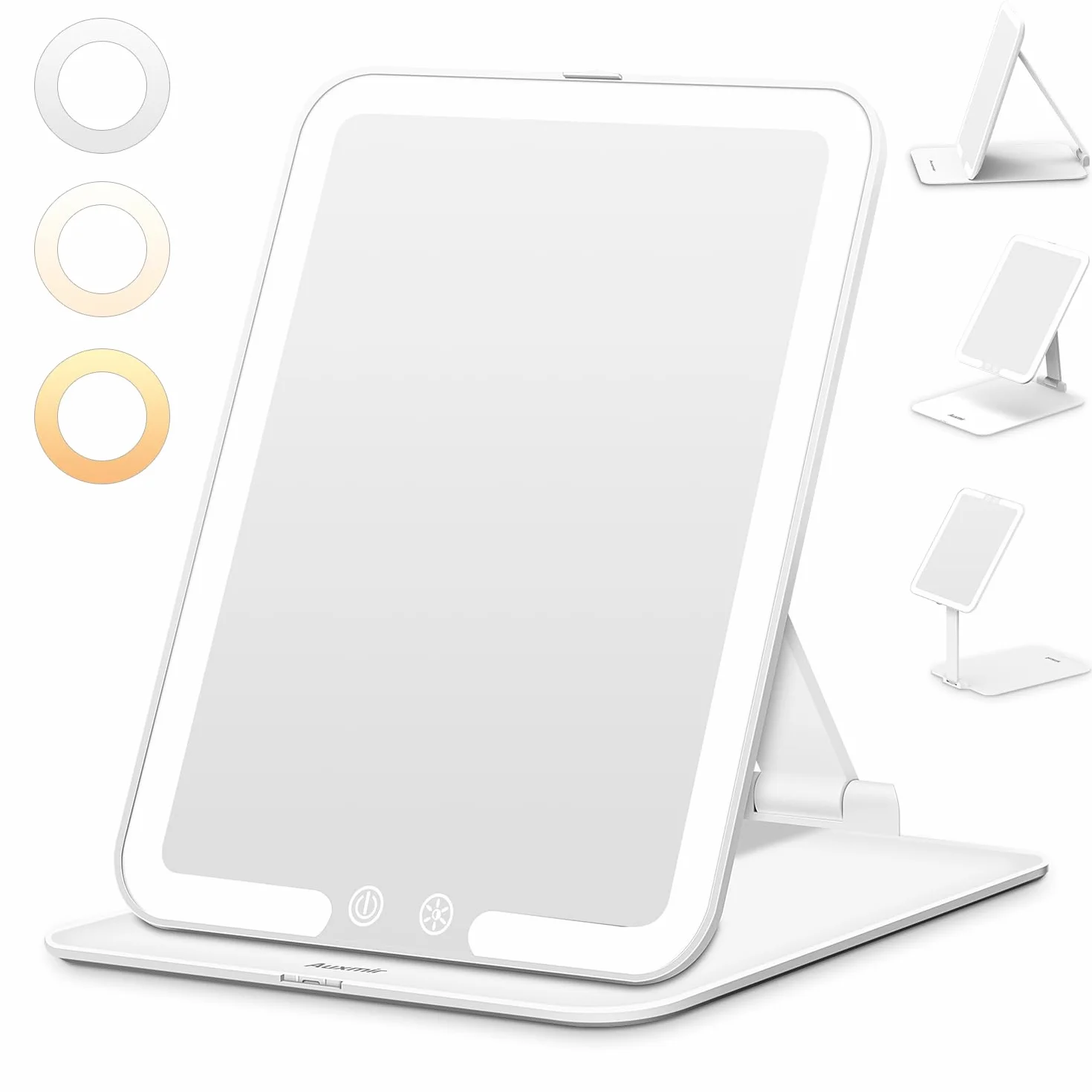 Auxmir Espejo Maquillaje con Luz Recargable 1X | Plegable y Portátil para Viajes | Sensor Inteligente Control Táctil | 3 Colores de Luz y Brillo Regulable | para Viajes y Uso Diario de Mesa(Blanco)