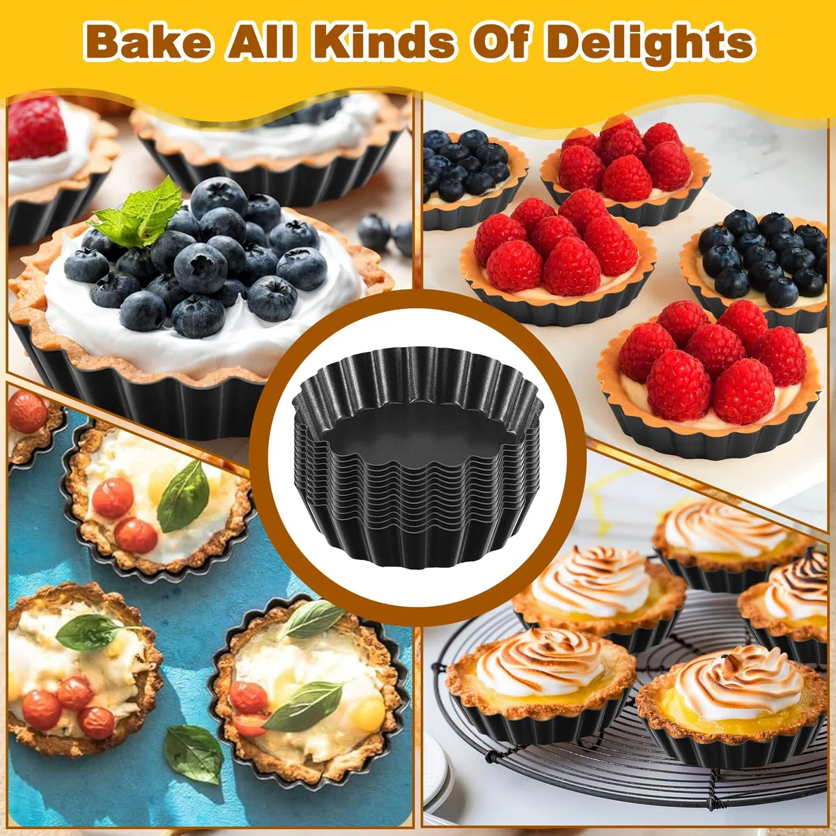 12 Piezas Moldes Tartaletas con Base Extraíble, 8cm Molde Quiche Mini Antiadherentes, Molde Redondo con Base Desmontable, Moldes Acero Carbono para Tartas Frutas, Pasteles, Tartelette (Negro)