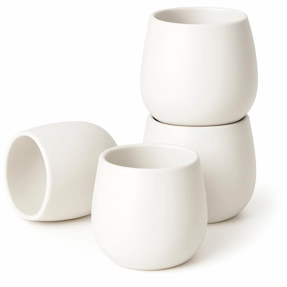 Goodwei Tazas de té japonesas – Tazas de cerámica sin asa, forma redondeada y diseño minimalista – Perfectas para té, matcha, café o espresso - Juego de 4, 200 ml (Camellia White)
