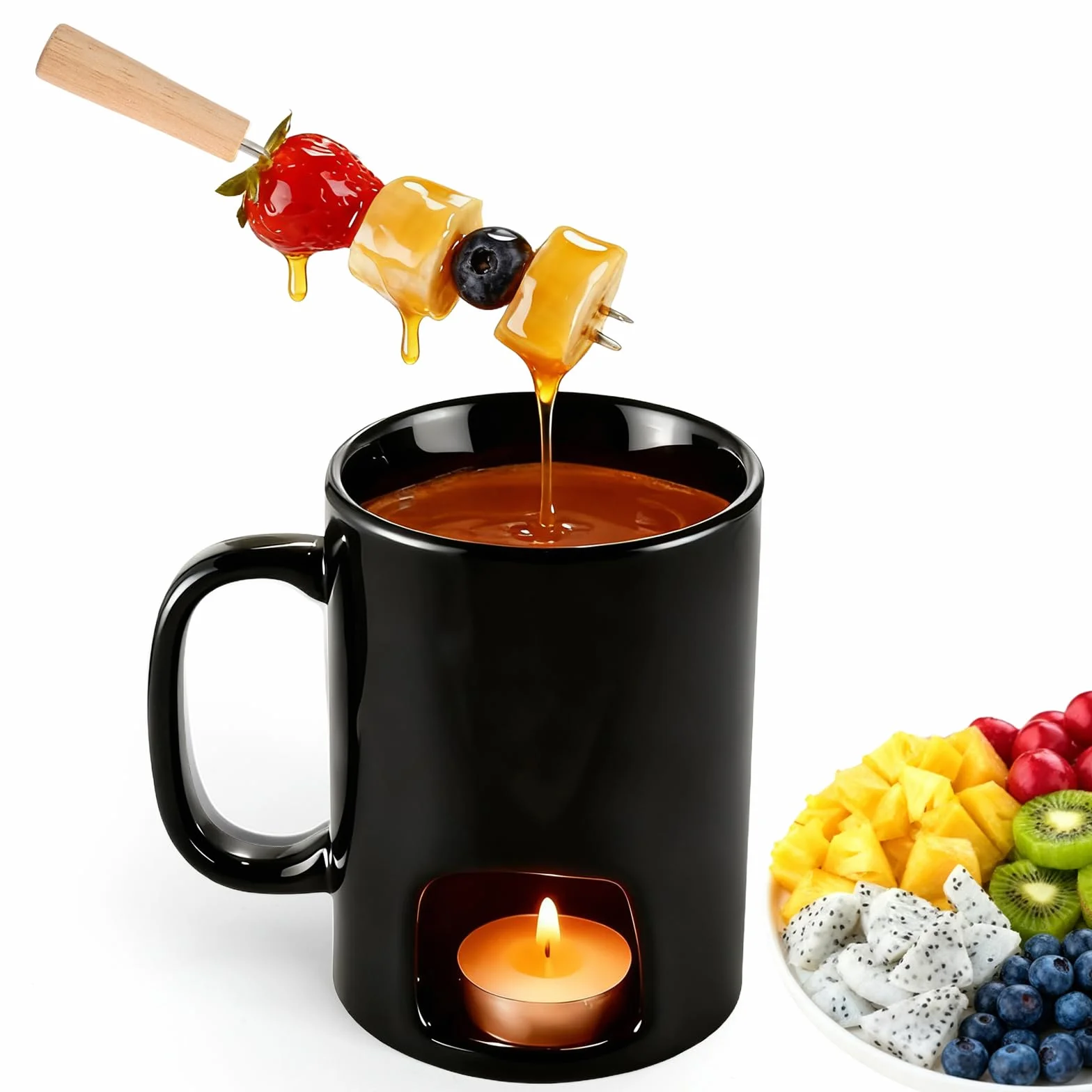 Fondue de cerámica de chocolate con vela de té, taza portátil resistente al calor de cerámica, calentador de queso y mantequilla, mini fondue para chocolate, queso y postres