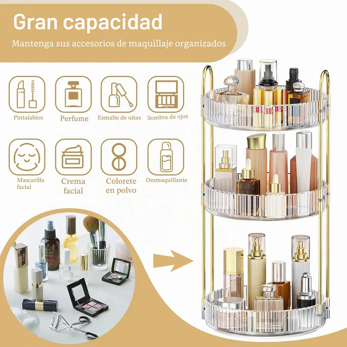 MOKANI Organizador de maquillaje giratorio de 360 grados para tocador, organizador de perfume ajustable de 3 niveles para tocador, almacenamiento multifunción para el cuidado de la piel para