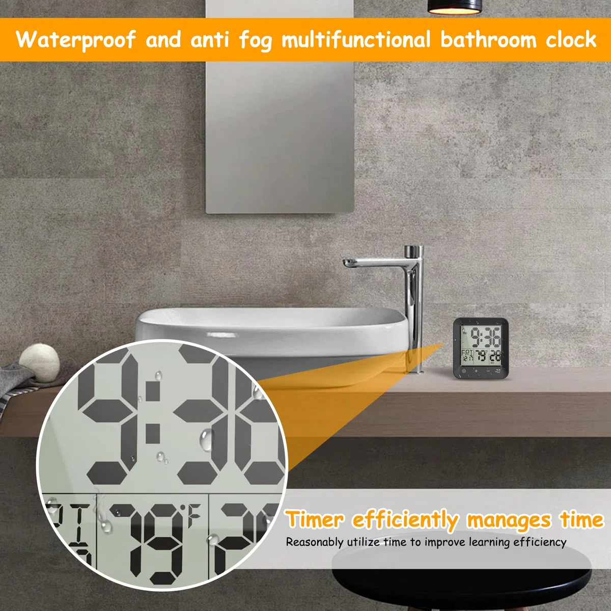 ALLOMN Reloj de ducha digital, resistente al agua, temporizador con alarma de cuenta regresiva, indicador de temperatura, reloj de baño táctil, reloj de ducha con ventosa, soporte para niños y adultos