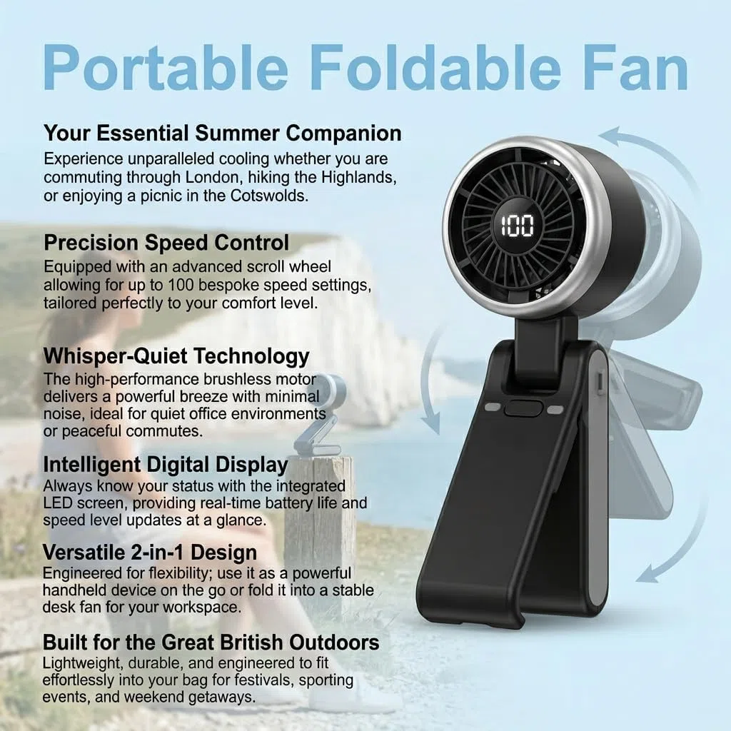 Ventilador de mano portátil, Enfriamiento de Alta Velocidad, 5 Velocidades, Batería Recargable, Hasta 8 Horas, Mini Ventilador para Viajes, Oficina, Exterior, Negro