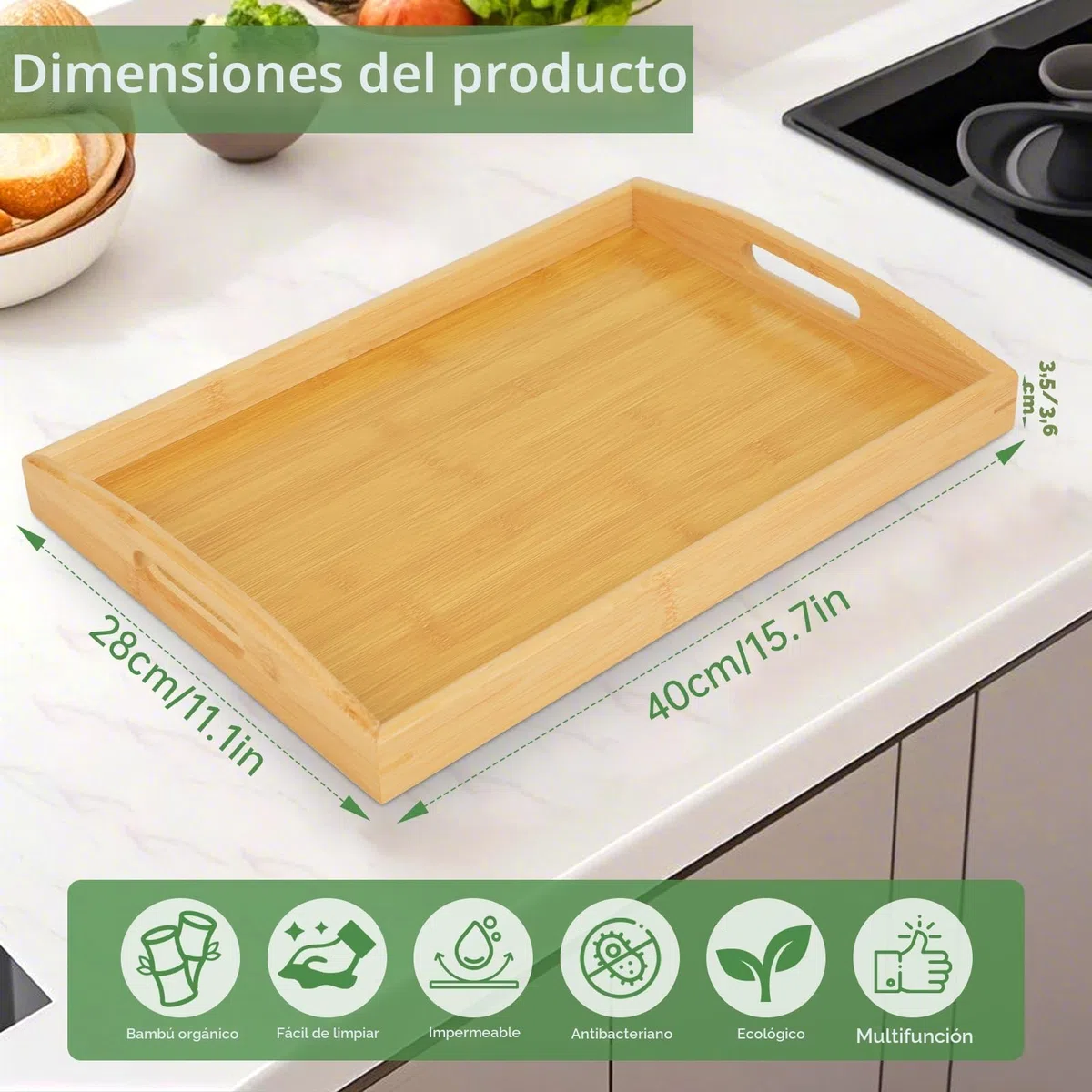 Bandeja de Madera para Servir Comida, Bandeja Madera Rectangular con Asas, Bandeja de Bambú Grande, Bandejas para Servir Comida en Cocina, Salón o como Decoración (Natural)
