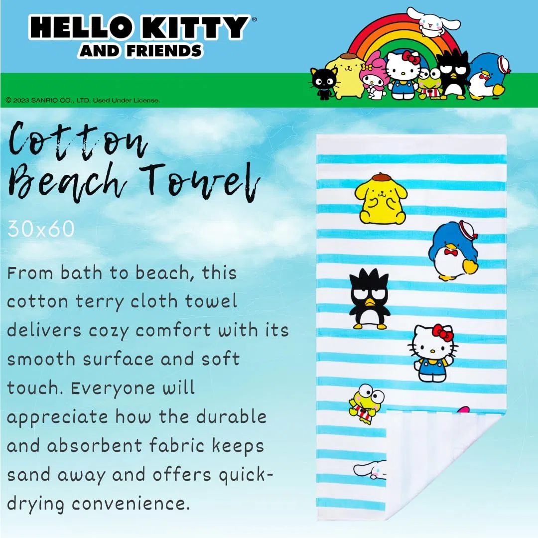 Franco Collectibles Sanrio Hello Kitty & Friends - Toalla de baño de algodón súper Suave, 60 x 30 Pulgadas (Producto Oficial)