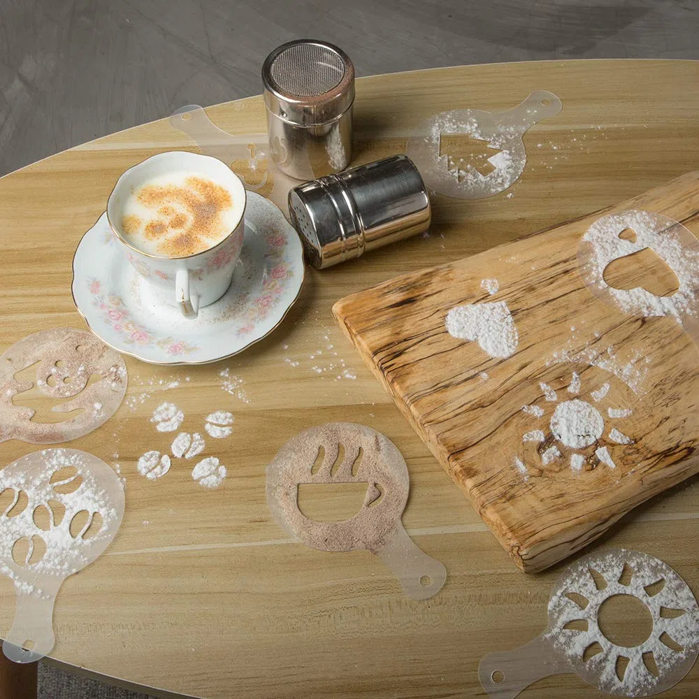 3 paquetes Acero inoxidable Sacudidor de polvo con 16 piezas Plantillas de moldes de impresión, Latas de polvo con malla para el café Capuchino Latté