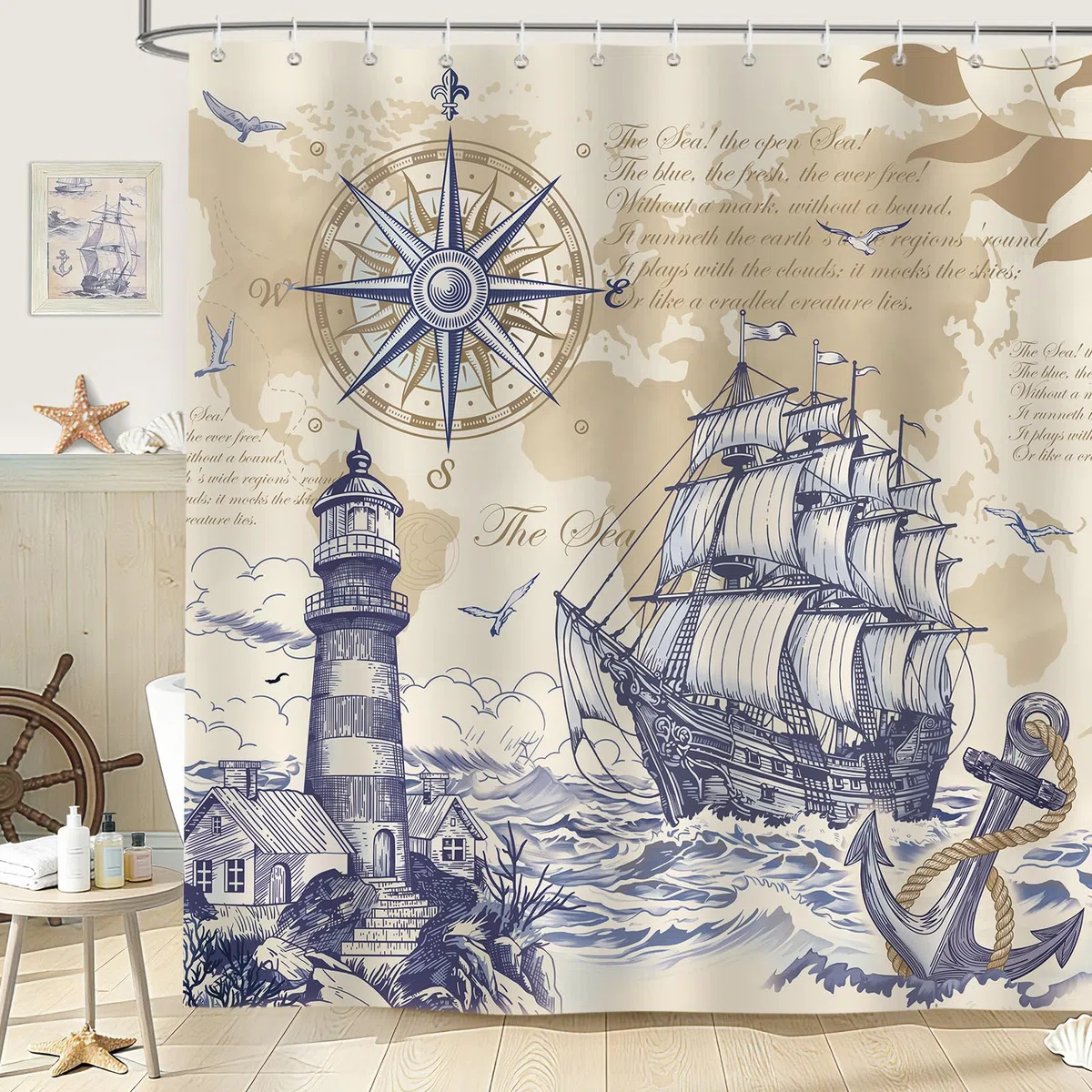 Retro Náutico Cortina de Ducha 180x200 cm Velero Faro Ancla Brújula Gaviota Costa Olas Impermeable Poliéster Azul Cortina Bañera con 12 Ganchos Lavable a Máquina para Baño Bañera