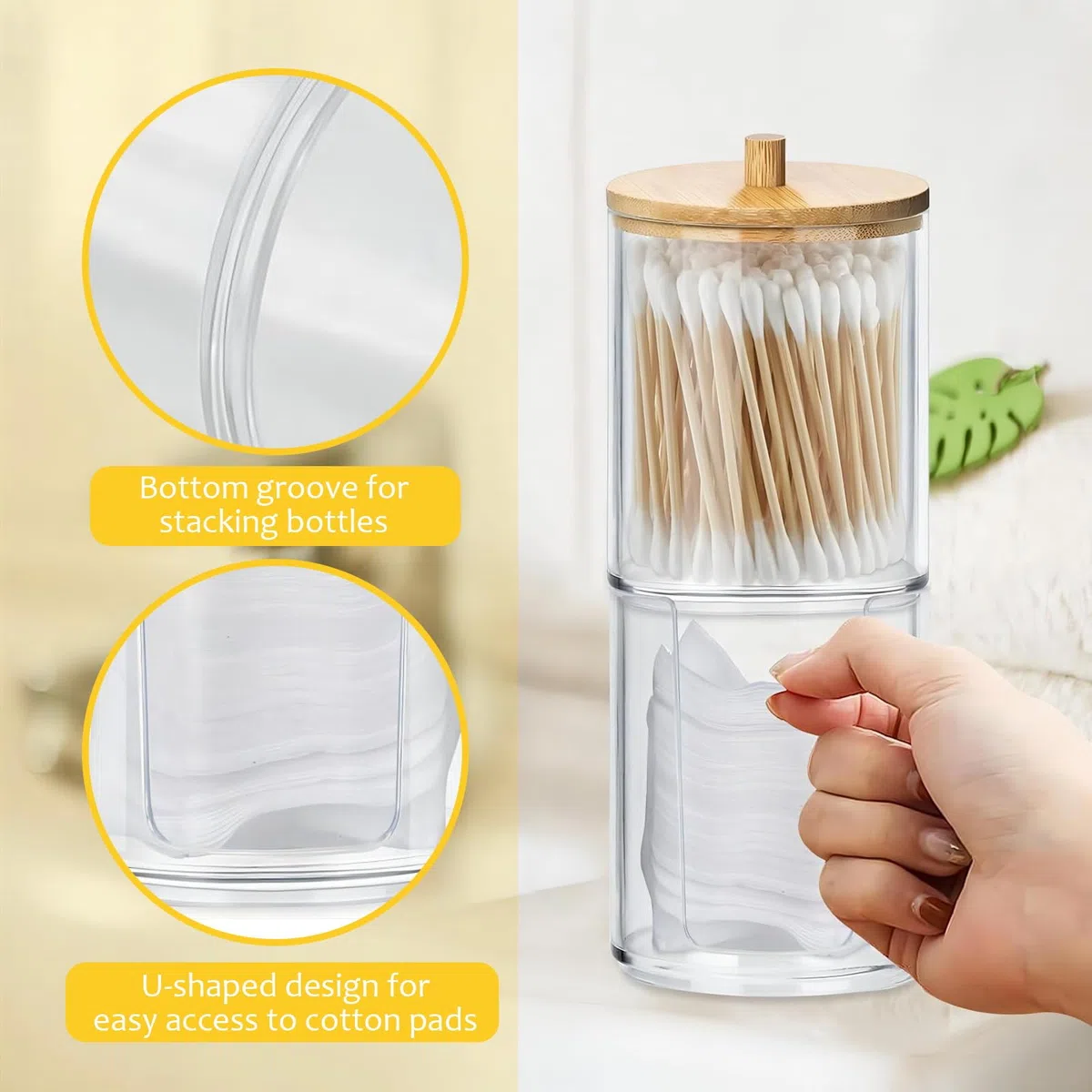 3 Soporte para Hisopos de Algodón,Organizador Bastoncillo de Algodón,Organizador de Almohadillas de Cosmético,con tapas de bambú,adecuado para cosméticos, hisopos y almohadillas