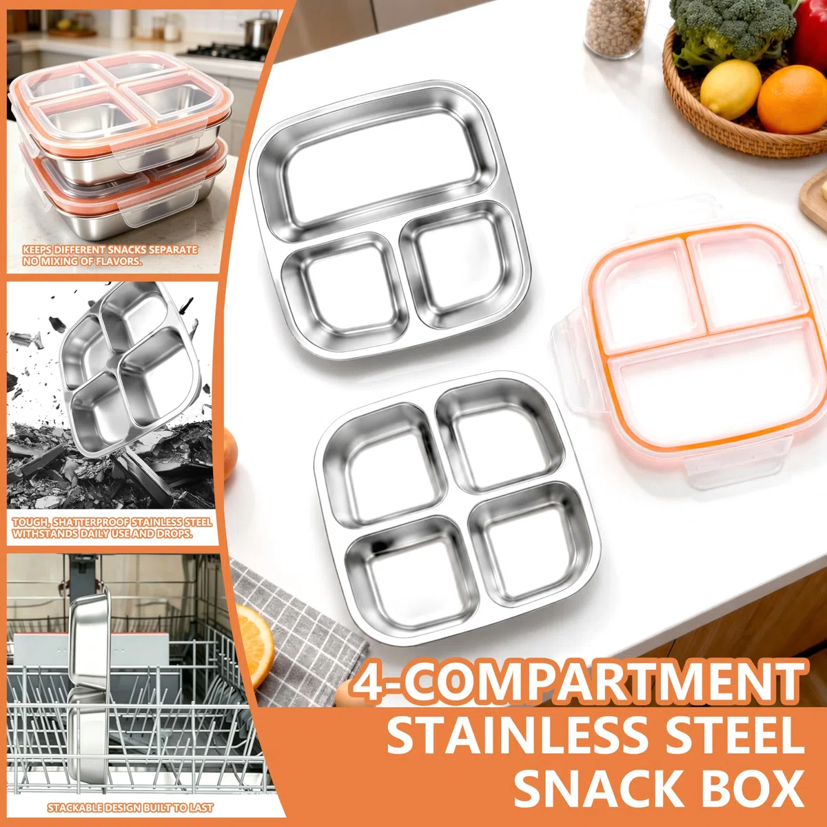2 Cajas de Aperitivos de Acero Inoxidable con 3 y 4 Compartimentos, A Prueba de Fugas, 600 Ml, con Compartimentos, Cajas de Aperitivos de Acero Inoxidable 304, Reutilizables para Escuela