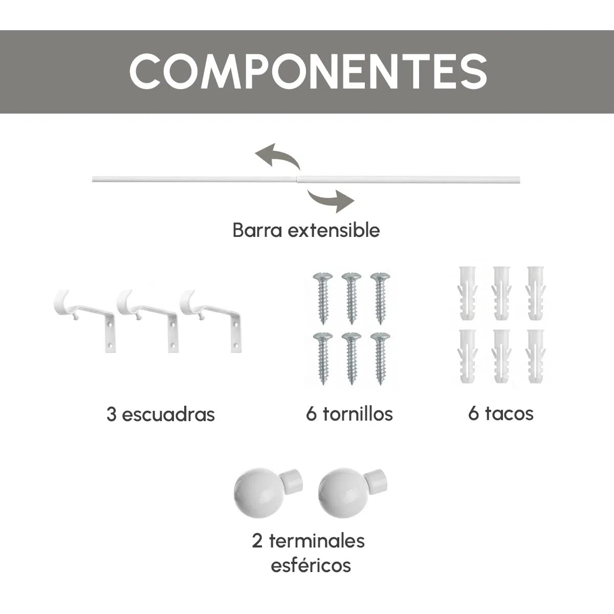 LOLAhome - Set de Barra de Cortina Extensible Blanca de Metal, 120-210 cm con Escuadras y Terminales. Fácil instalación en Pared o Techo para Colgar visillos y Dar un Toque de Elegancia.