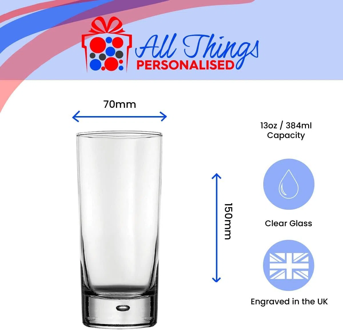 All Things Personalised Vaso de Tubo 365 ml - Vaso de Cristal con Burbuja Grabada - vaso Personalizado con Nombre para Cumpleaños, Navidad, el Día de la Madre - Apto Lavavajillas, con Caja de Regalo