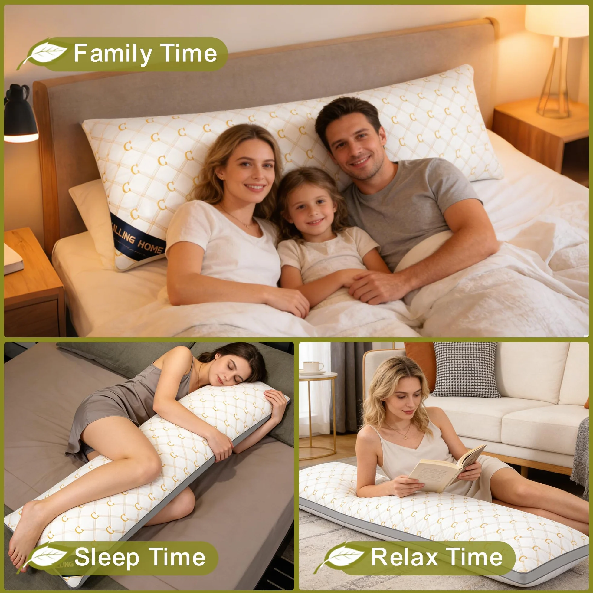 Chilling Home Almohada para dormir de lado con funda, almohada bordada para embarazo, cojín de lactancia, almohada larga para dormir de lado (blanco y dorado)