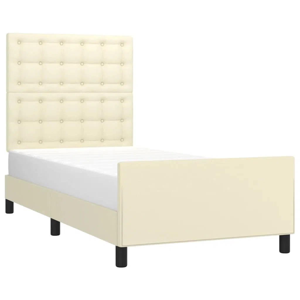 Estructura de cama con cabecero de 90 x 190 cm, de piel sintética, altura ajustable y estable, con láminas de madera contrachapada, para un sueño reparador, color crema