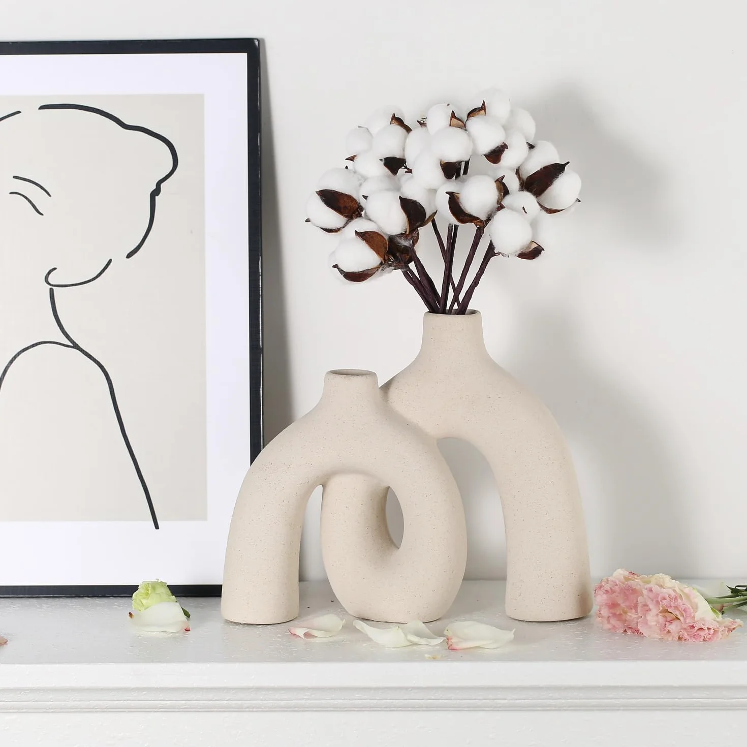Jarron de Cerámica, Estilo Boho Nórdico Moderno Decorativo Jarron de Flores Estético Cerámico para Decoración del Hogar (Beige)