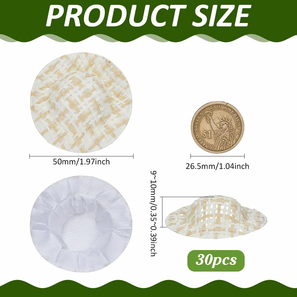 FINGERINSPIRE 30 mini sombreros de paja de imitación de 50 mm de diámetro, papel redondo plano con tela, sombreros pequeños, mocasín, tamaño pequeño, sombrero de punto de paja para manualidades de
