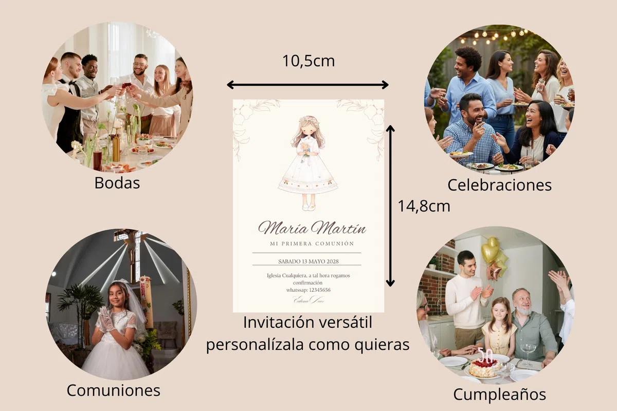 Invitación comunión niña | Pack de 16 invitaciones comunión niña diferentes opciones | Pack invitación 16 24 o 32 unidades | Invitación primera comunión personalizable (rubia pelo largo)
