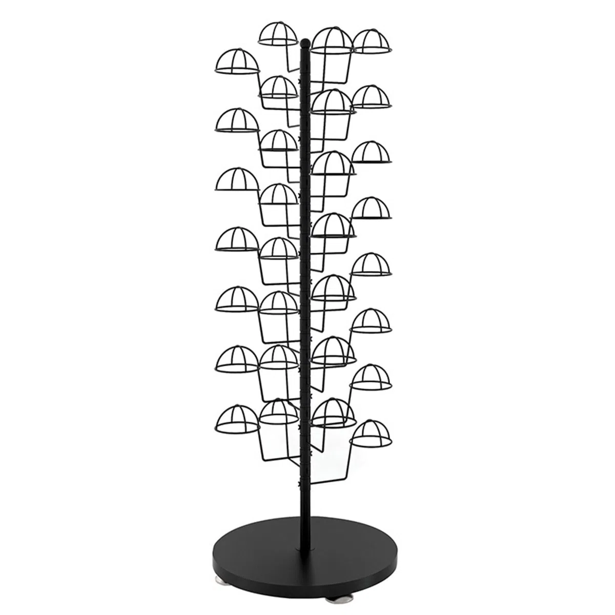 Expositor de Sombreros de Metal Ajustable con 4 Ruedas giratorias, Soporte de Suelo Giratorio para Gorras, Pelucas y Cascos, con Capacidad para 10-35 Sombreros (Negro, con 10 Sopor