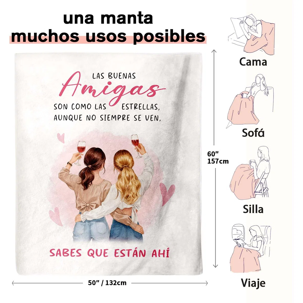 CheriGift Blanco Regalo Amigas Originales, Franela Manta, Regalo Amigas Cumpleaños, Regalo Navidad San Valentín Día de la Mujer 157x132cm