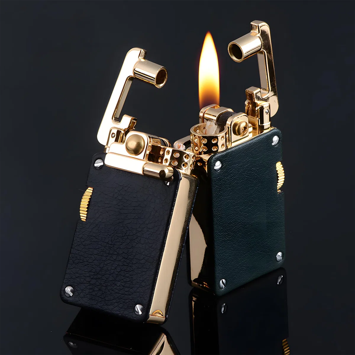 Encendedor De Queroseno Retro con Brazo Basculante, Resistente Al Viento, con Rueda De Molienda, Grabado En Cuero Clásico, Llama Suave, Recargable con Queroseno, Regalo para Hombres (Red Leather)
