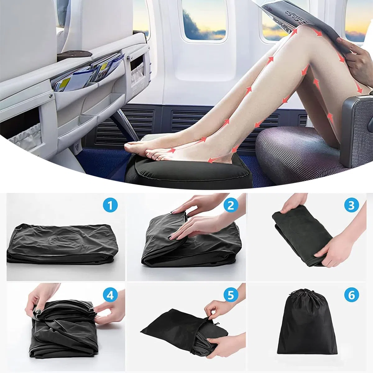 Reposapiés de viaje, cojín de reposapiés ajustable en altura, Almohada Inflable para descansar los pies en aviones, autobuses, trenes, oficina y niños, para dormir en vuelos largos (Negro)
