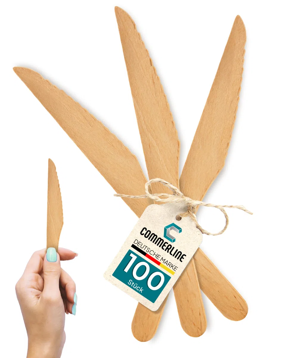 Commerline Cuchillos Desechables de Madera | 100/200/2000 Unidades | Cuchillos Desechables | Cuchillo de Madera | Apto para Picnic, Fiesta, Eventos y Catering | Respetuoso con el Medio Ambiente