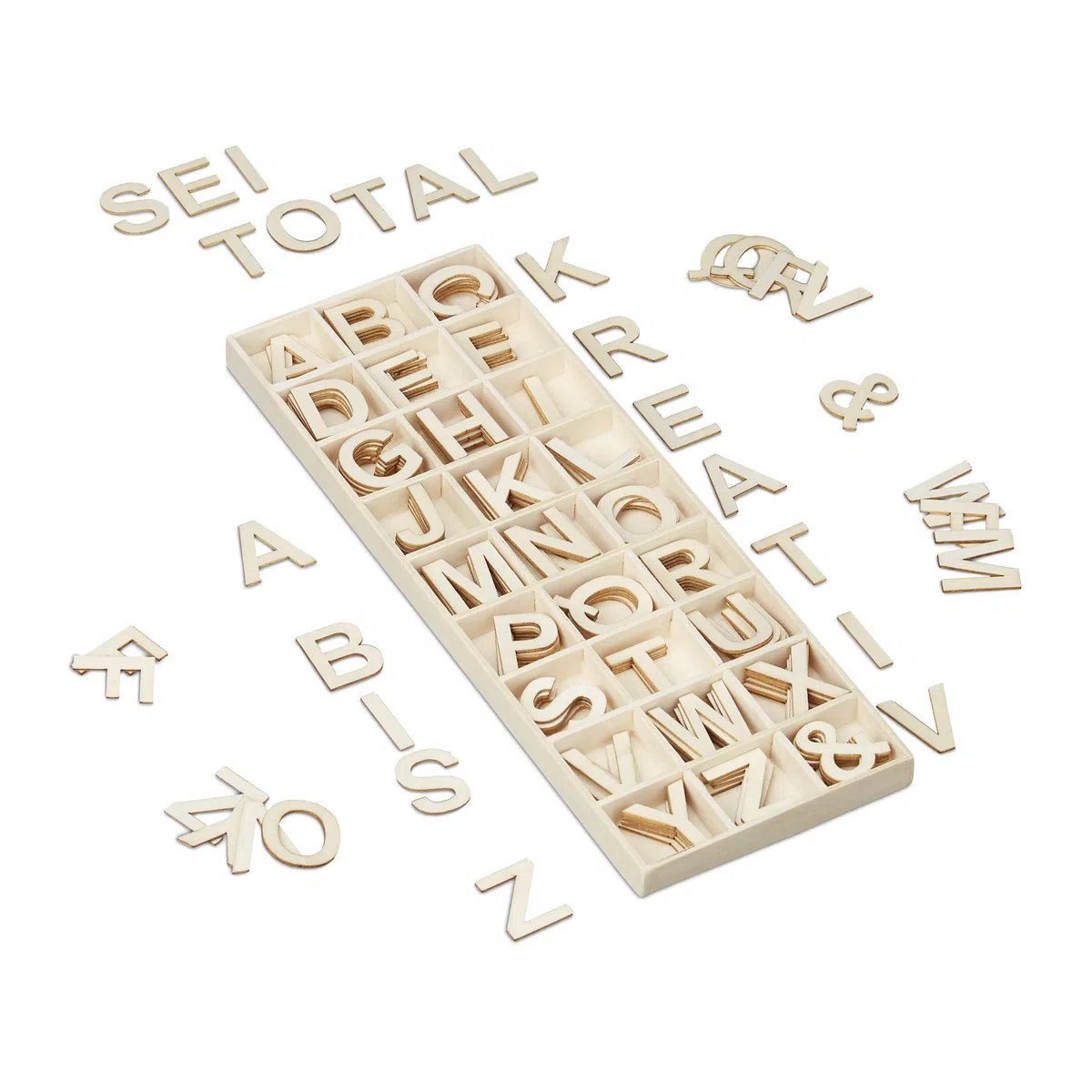 Relaxdays Set Letras de Madera, 162 Piezas, Mayúsculas A-Z 3 cm de Alto, Letritas para Manualidades, Alfabeto, Natural