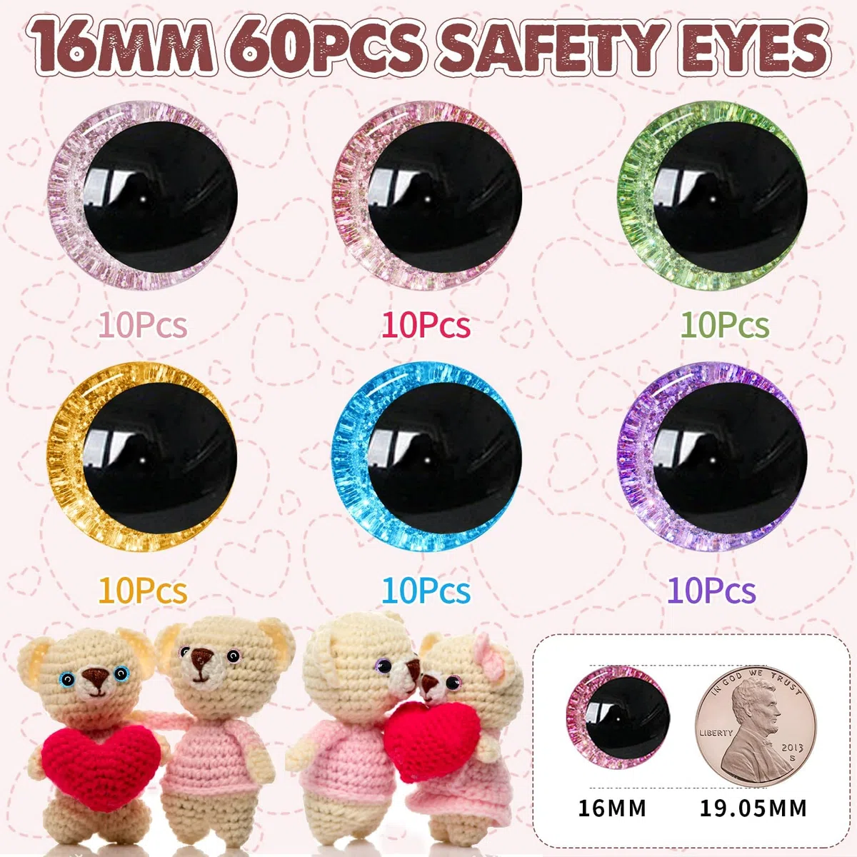 120 ojos de seguridad con purpurina 3D de 16 mm para ganchillo con arandelas, ojos de amigurumi de ganchillo para animales de ganchillo, ojos de manualidades, ojos de muñeca, ojos de