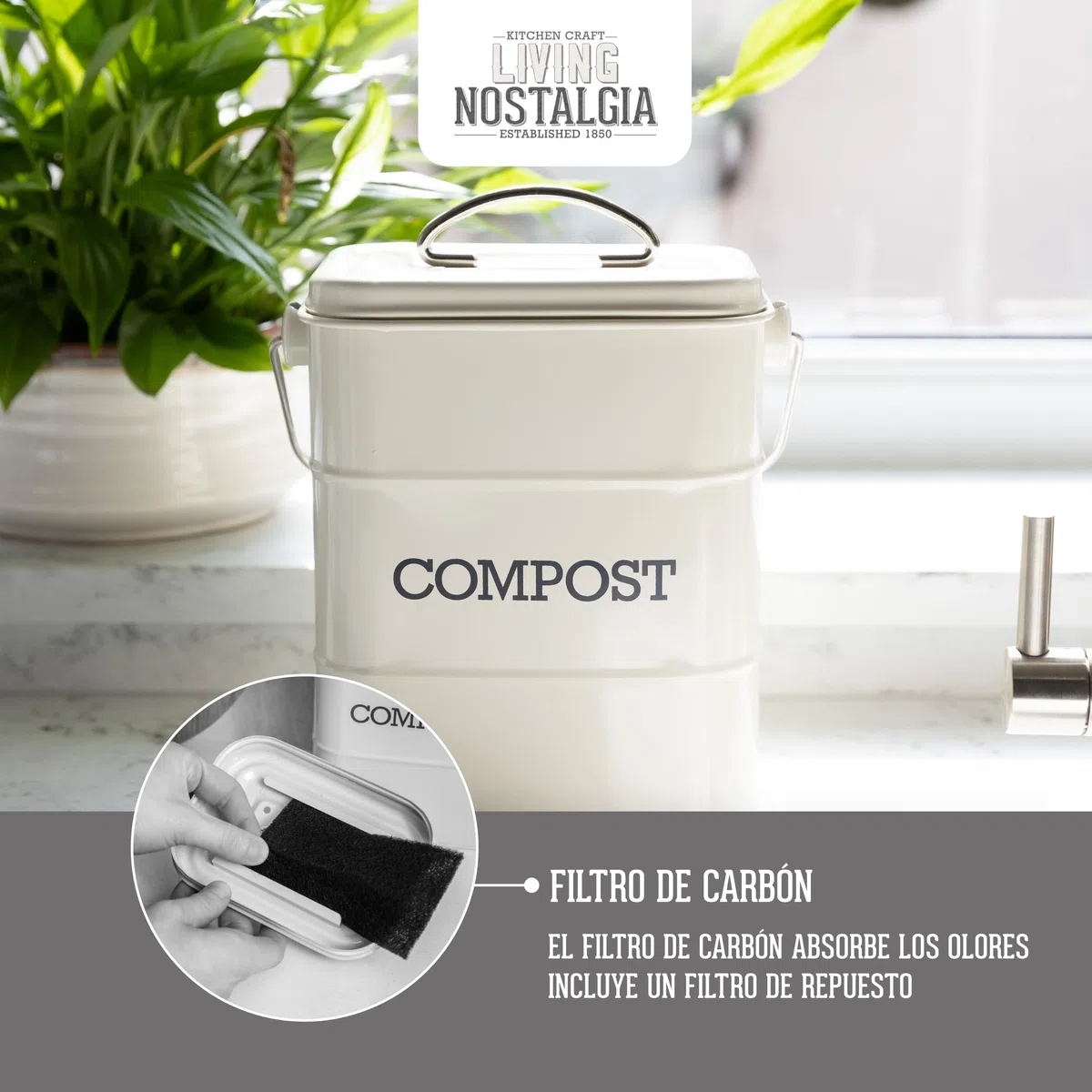 KitchenCraft Living Nostalgia Metal Kitchen Compost Bin, Antique Cream, 16.5 x 12 x 24 cm