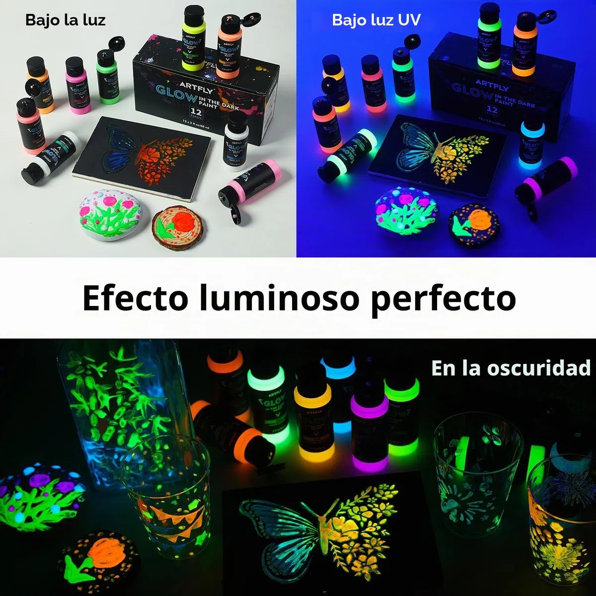 ARTFLY Glow in The Dark el juego de pintura brillante, contiene 12 colores de 60ml/2oz, con pigmentos ricos, perfecta para pintura de arte, proyectos de DIY y decolarciones festivales