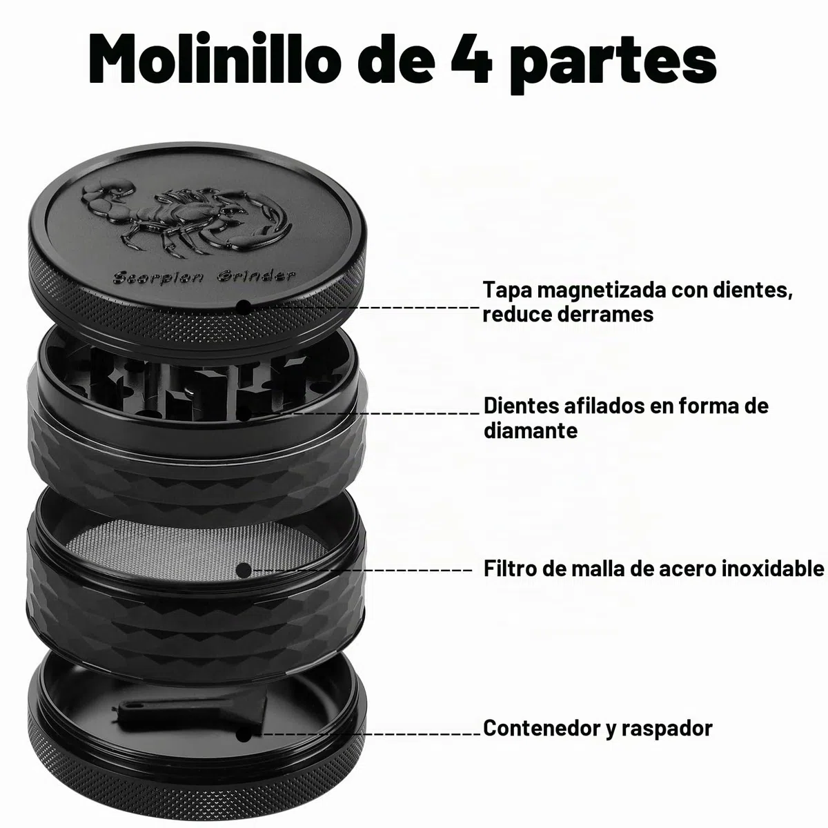 Herb Grinder, Molinillo de hierbas Premium de aluminio de 2.5 pulgadas（63mm) con escorpión grabados, 4 piezas, molinillo grande con raspador de polen (Negro)