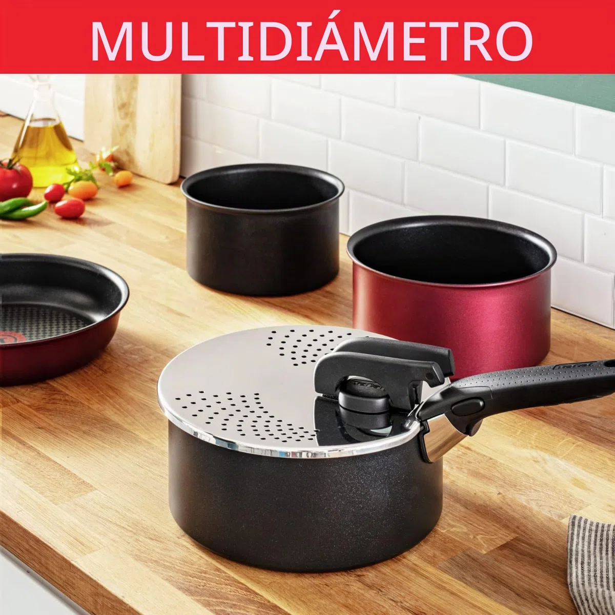 Tefal Ingenio - Tapa escurridor, acero inoxidable, fácil almacenamiento, multidiámetro, compatible con Ingenio, apto para lavavajillas L9829402, acero inoxidable y negro, tapa escurridor, 14-20 cm