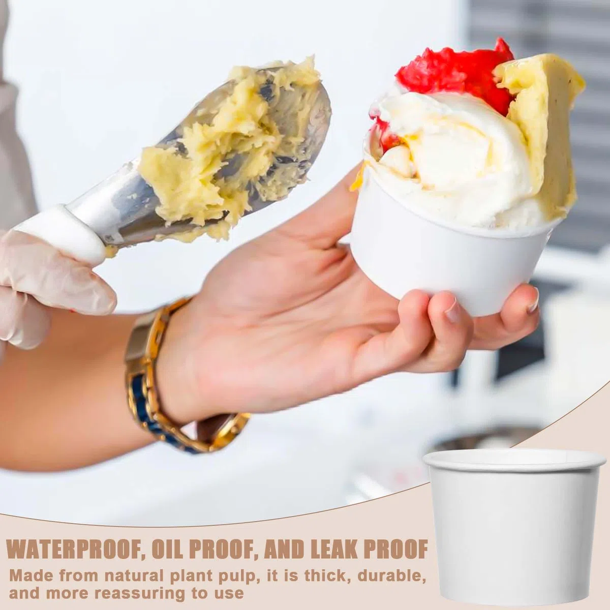 50 vasos de helado universales ecológicos de cartón, 240 ml, de papel, con 50 cucharas, helados de cartón, vasos compostables, vasos de papel para helados, yogur, comida con dedos, color blanco