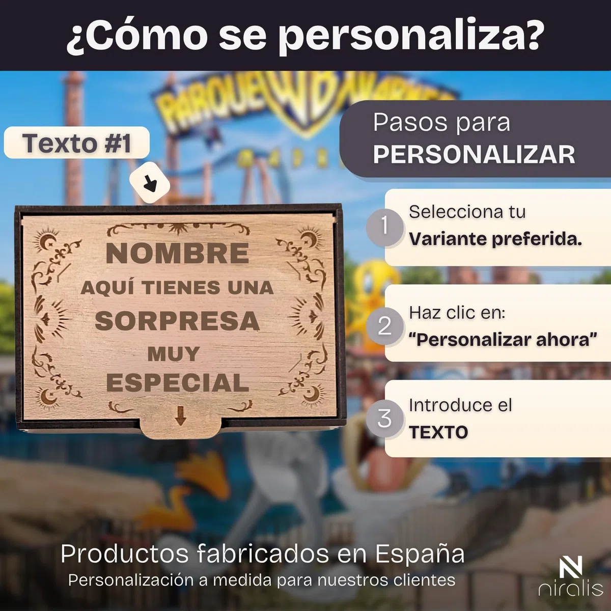 Caja Regalo Parque Warner Personalizada | Sorpresa Original para Anunciar Entrada Warner | Regalo Parque Warner Madrid Niños y Adultos | Modelo en Madera Blanco o Roble (Roble, Sin personalizar)