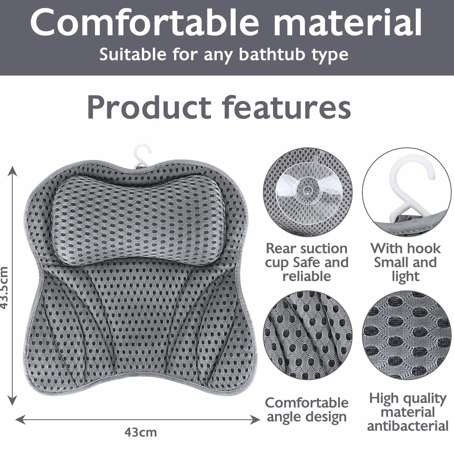 UCAMP Almohada de Baño,Cojín de Baño con tecnología 4D-Air-Mesh y 6 ventosas,Almohada para Bañera para Cabeza,Cuello,Espalda y Hombros,con máscara para Ojos Negra incluida, SPA en casa