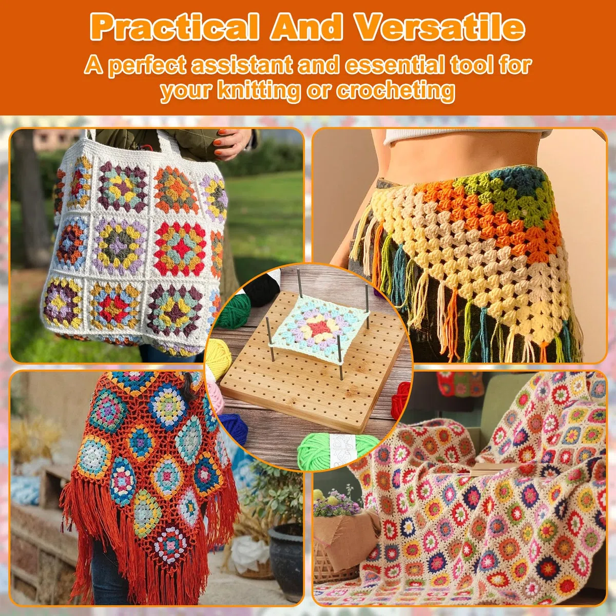 Kit Bloqueador Crochet con 20 Barras Acero Inoxidable, 1 Base Soporte y 5 Agujas Ojos Grandes, Tabla Bloqueo Ganchillo Madera Bambú, Tablero Bloqueo Cuadrado para Proyectos Punto Hechos Mano (20x20cm)