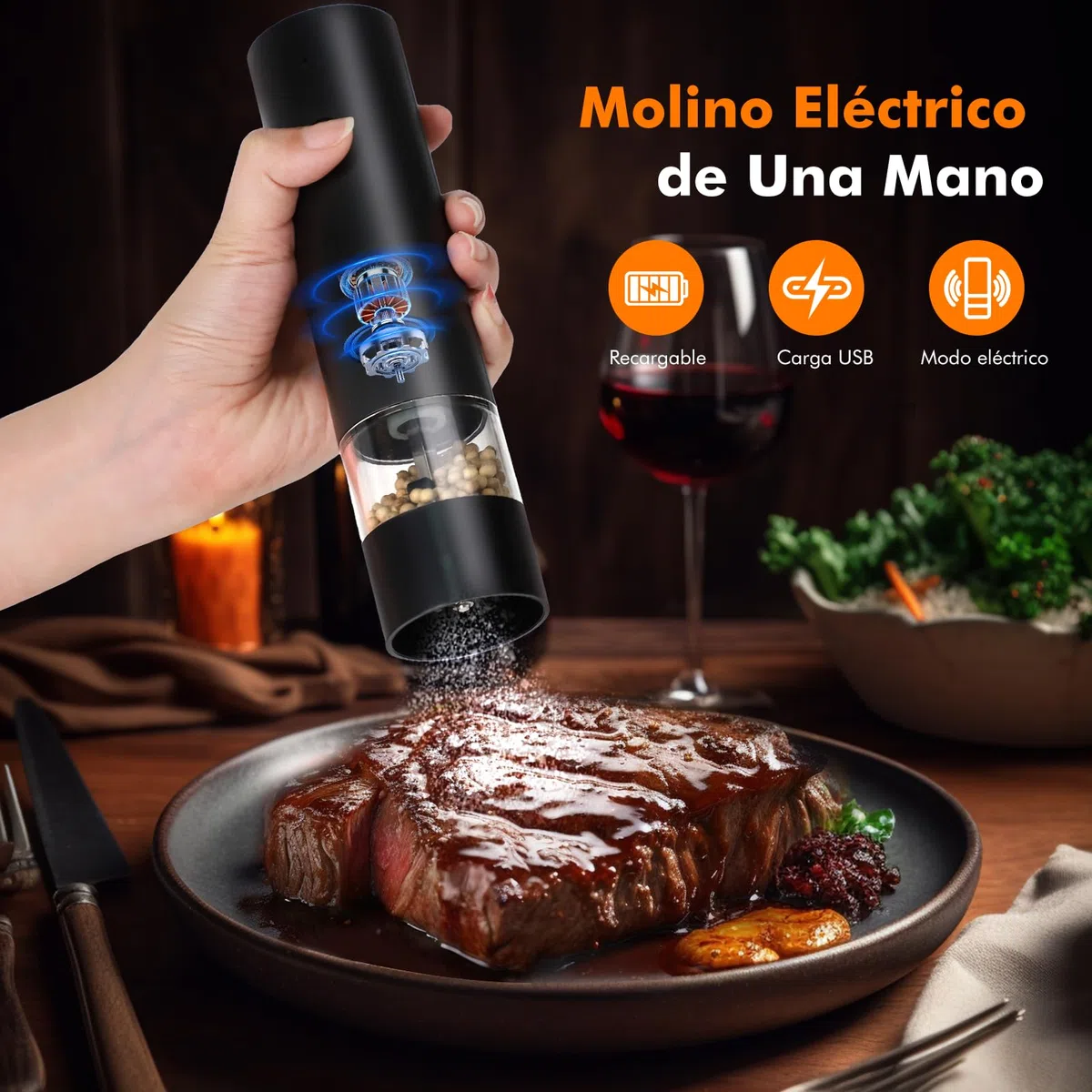 Juego de Molinillos Eléctricos- de Sal y Pimienta Recargable USB con Base de Almacenamiento - Molinillo de Especias con Grosor Ajustable, Recipiente Lavable para Cocina/Picnic/Barbacoa