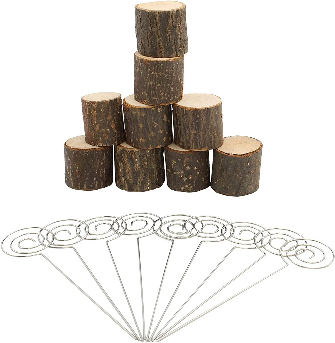 Voarge Soporte de madera rústica, con base de madera real, Memo Clip Portafotos Portanotas de Tocón Soporte para Tarjetas de Mesa Titular de Número y Foto, 20pcs con clip