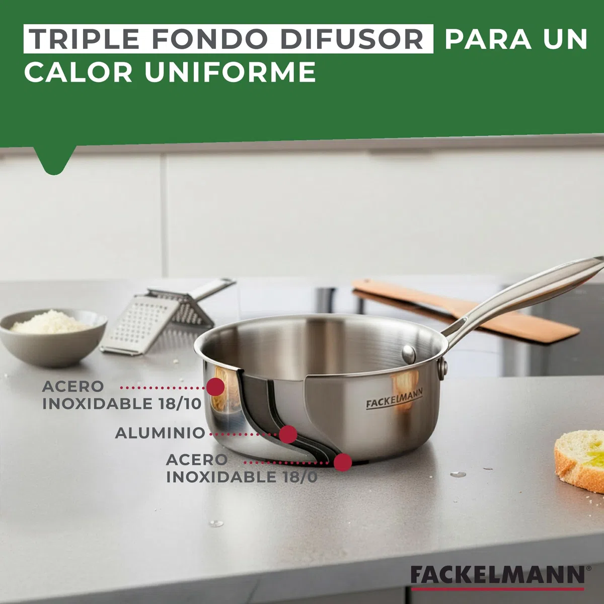 Fackelmann Vita3 Cazo Inoxidable 16 cm, Acero Inoxidable Triply con Triple Fondo Difusor, Sin Antiadherente, Sin PFA, Apta para Inducción, Gas, Vitro y Horno, Sellado Perfecto, Lavavajillas