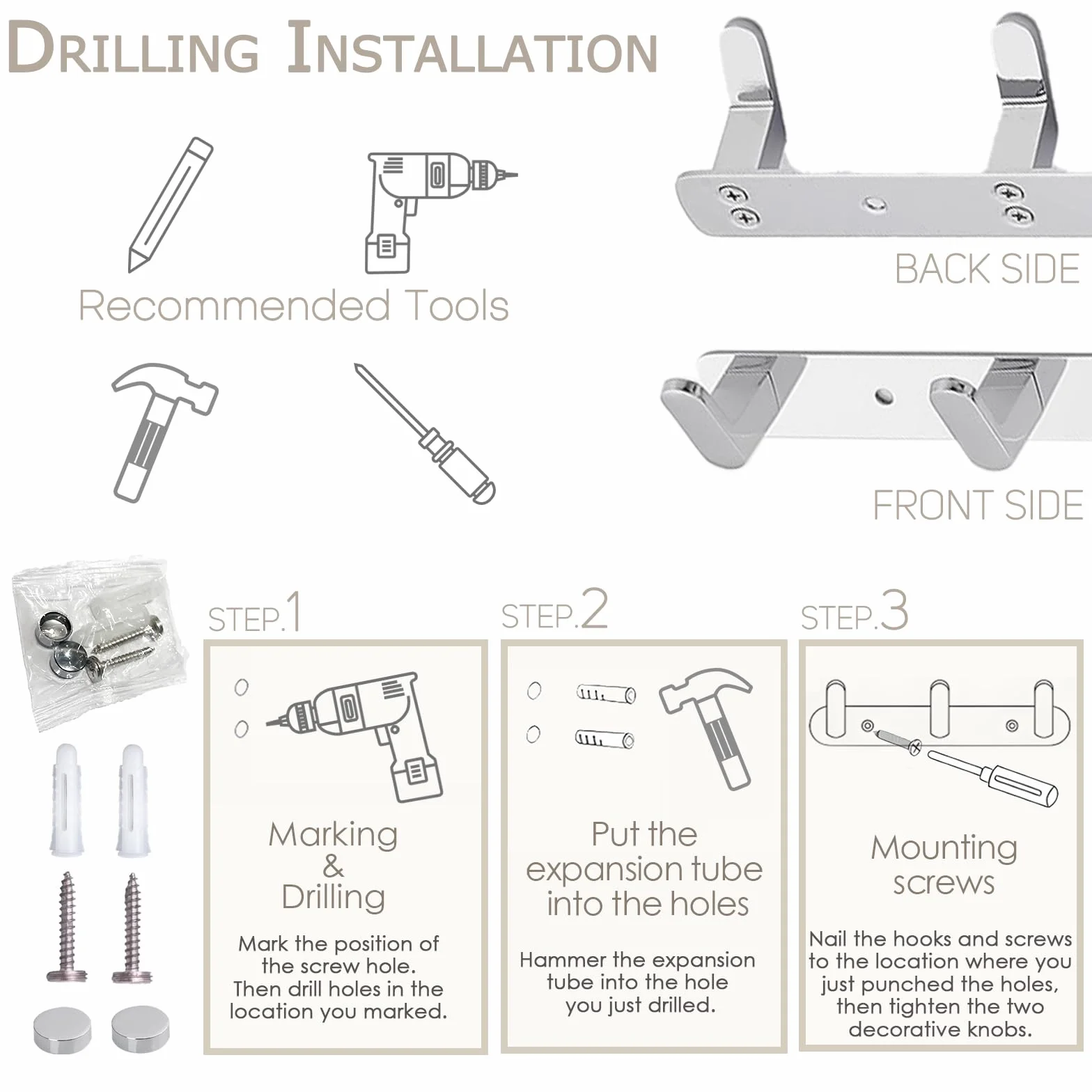 Perchero de Pared Premium | Ganchos Cromados Acero Inoxidable 304 | 4 Tamaños (3-6 Ganchos) | 15kg Capacidad | Montaje con Taladro | Para Recibidor, Baño, Cocina & Oficina