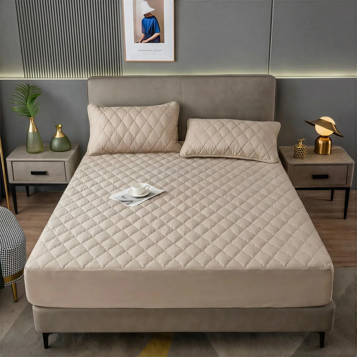 Protector Colchon 150x200 cm - Impermeable & Acolchado Funda Colchon para Cama 150cm, Colchones de hasta 27 cm, 100% Poliéster + PU, Khaki