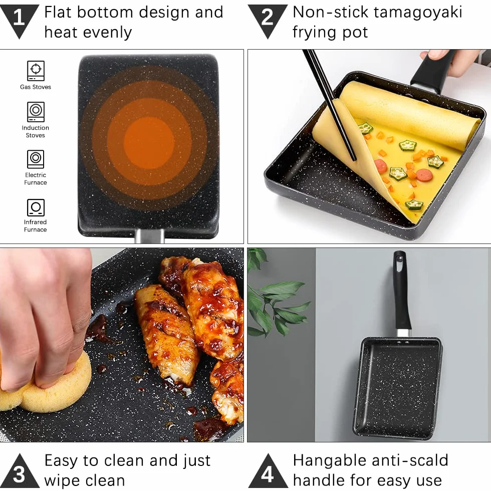 Bandeja de tortilla japonesa, bandeja de huevo mini rectángulo con espátula de silicona ancha y 2 anillos de huevo fritos, herramientas de cocina de cocina para el hogar de tamagoyaki antiadherente
