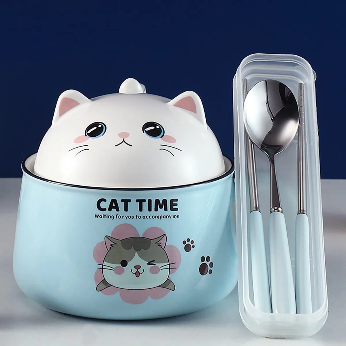 Ramen - Cuenco con tapa, diseño de gato dulce y asa, cuenco de cerámica de 1020 ml