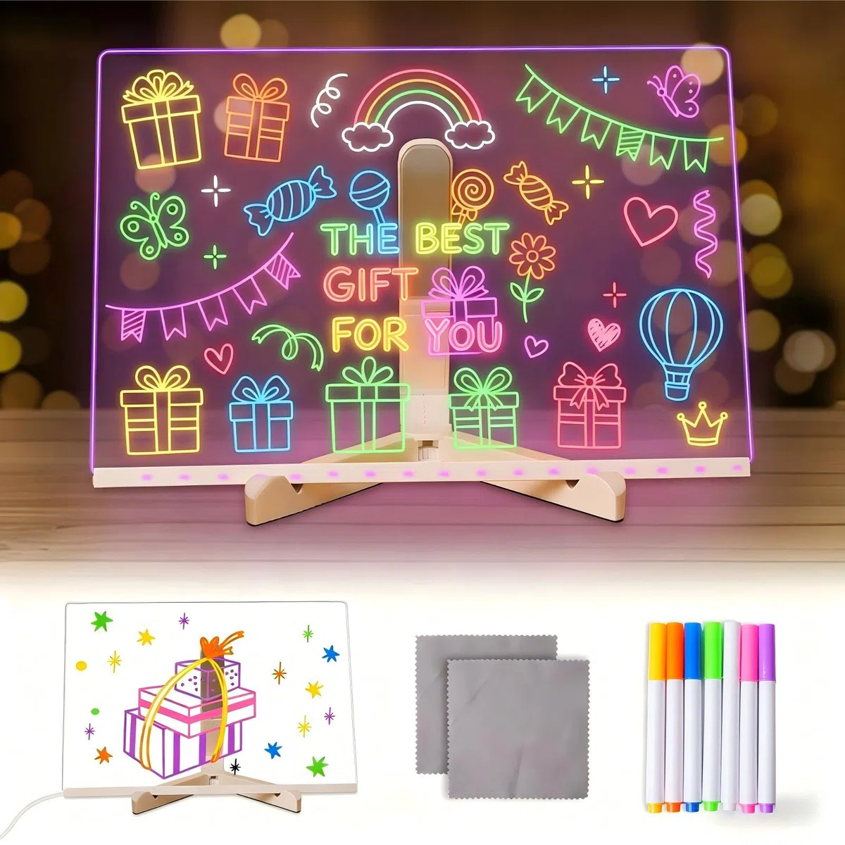 Lustaled Tablero de dibujo LED, tablero acrílico con luz LED para garabatos con bolígrafo de 7 colores, 30 x 20 cm con soporte, tablero mágico de mensajes de escritura LED para niños, tablero de notas