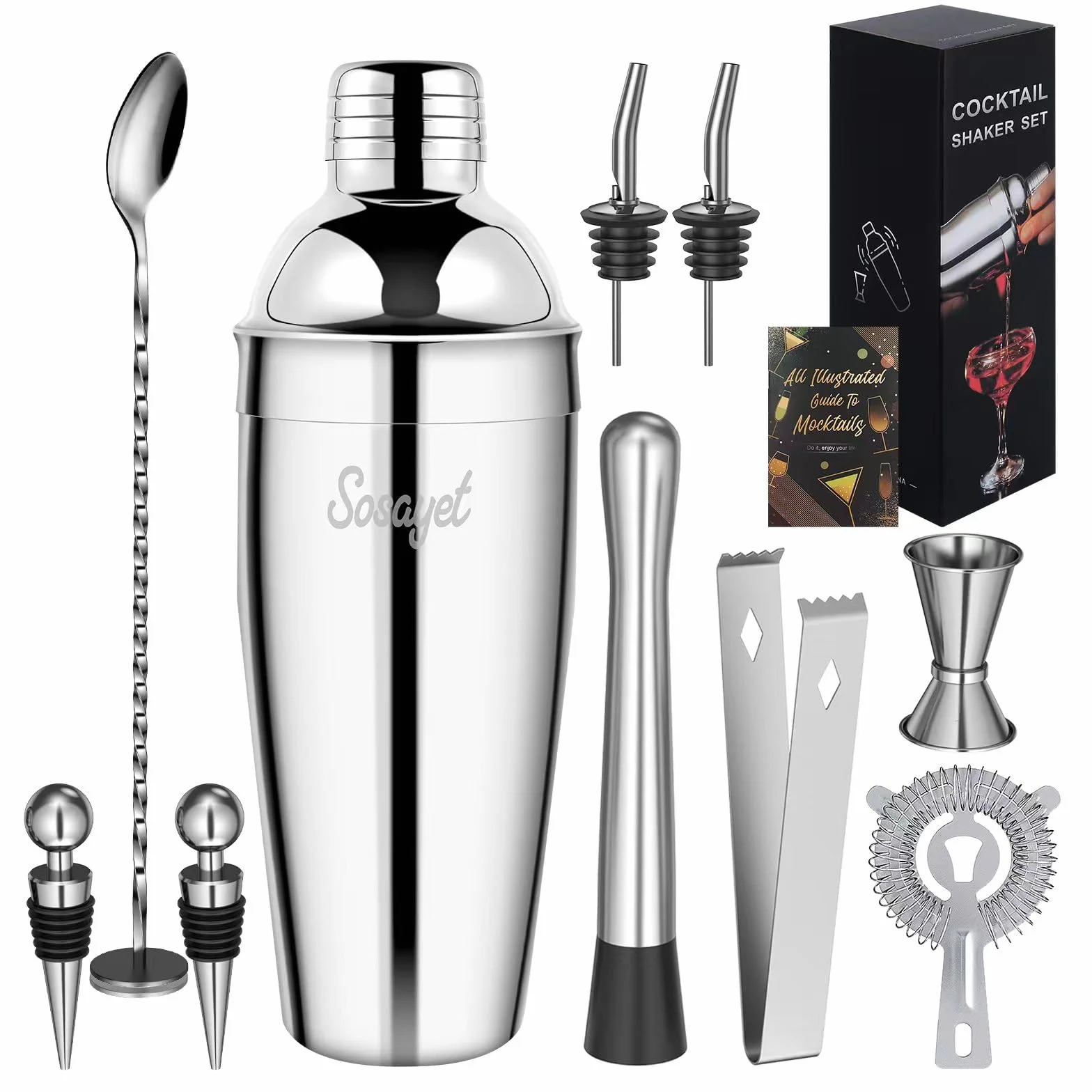Sosayet Coctelera Profesional 750 mL, 10 Piezas Cocktail Kit con Jigger 15/30 ml, Mortero de Cóctel, Bartender kit Regalos para Hombres Amantes del Cocktail