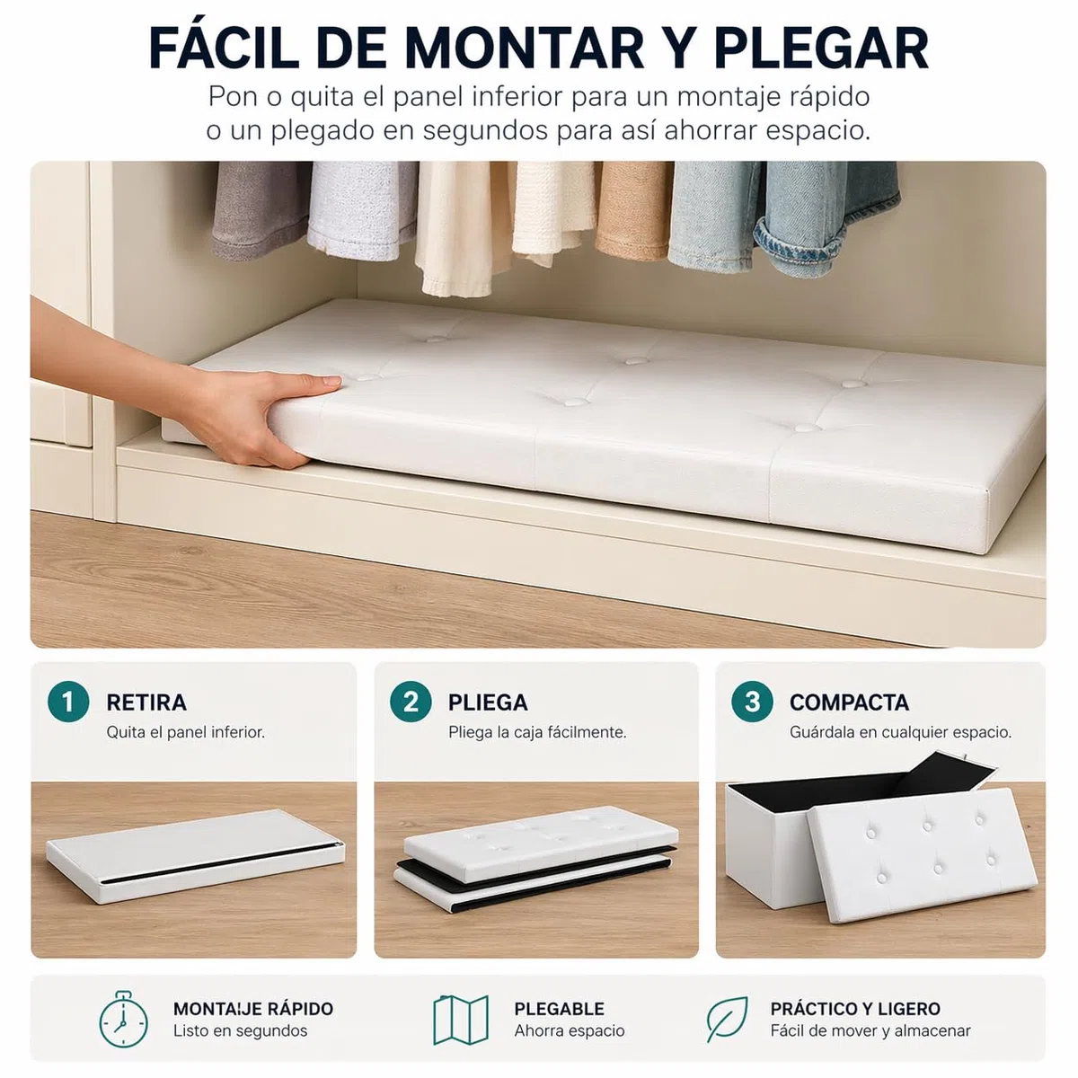T-LOVENDO.ES Puff o Banco de almacenaje Plegable | Taburete Reposapiés Otomana | Baúl de Almacenamiento para Cama, Dormitorio, salón, Comedor o Recibidor | 38x76x38cm | Soporta 300kg.