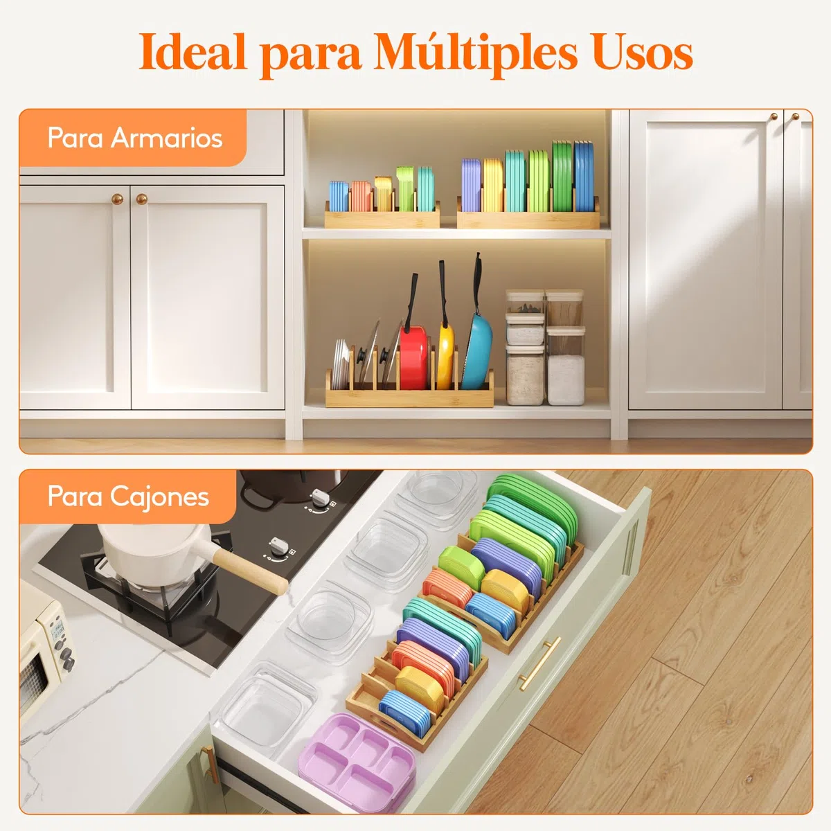 Lifewit Organizador Tapas de Bambú, Salvaspazio Organizadors Platos Armario Cocina con con 4 Divisores Ajustables, Soporte para Tapas de Recipientes de Almacenamiento de Alimentos, 27 x 21 cm